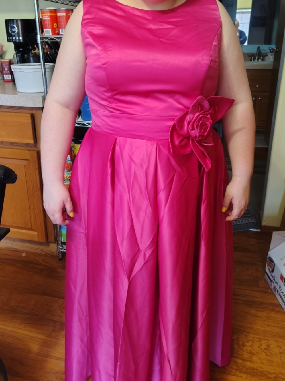 Fuchsia Satin A-Line Dress with Floral Waist Detail